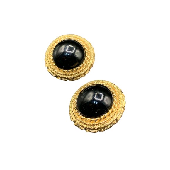 Classic Clip On Earrings Black and Matte Gold-Tone Round Domed 80s Earrings - Picture 1 of 5